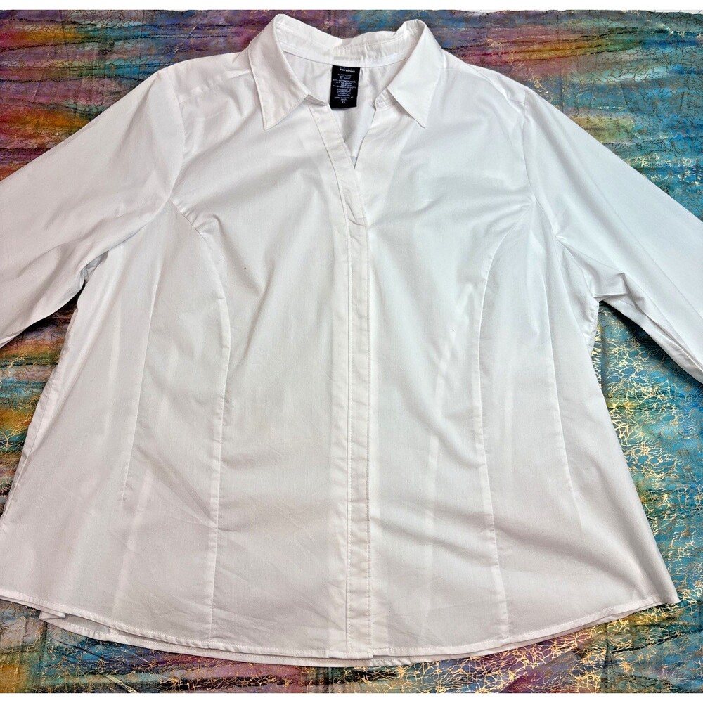 Basic Editions top womens size 2x button up 3/4 length sleeve solid white shirt